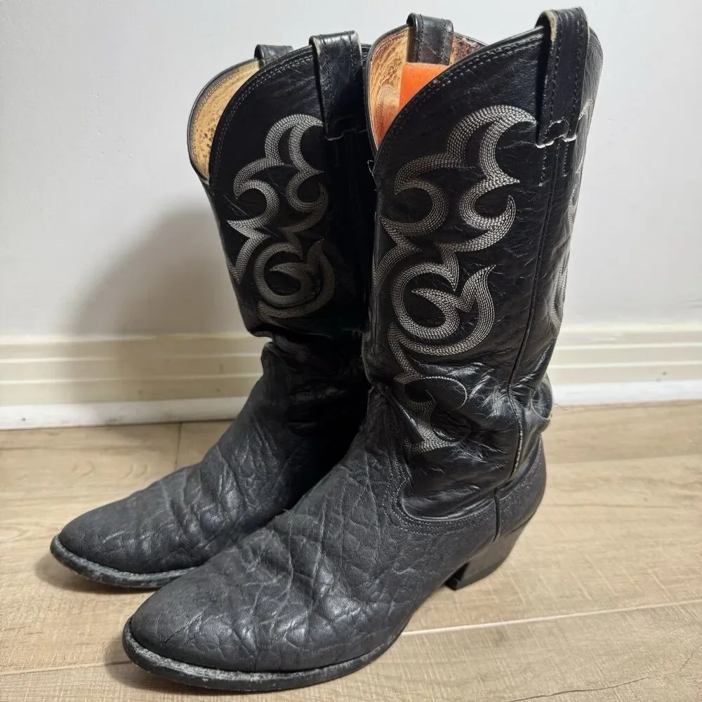 Nocona Men’s 9 D Black Leather Elephant Print USA Vintage Western Cowboy Boots